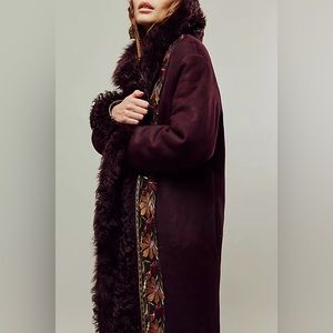 Free People Penny Lane Plum Shearling Fur Long Trench with Floral Trim